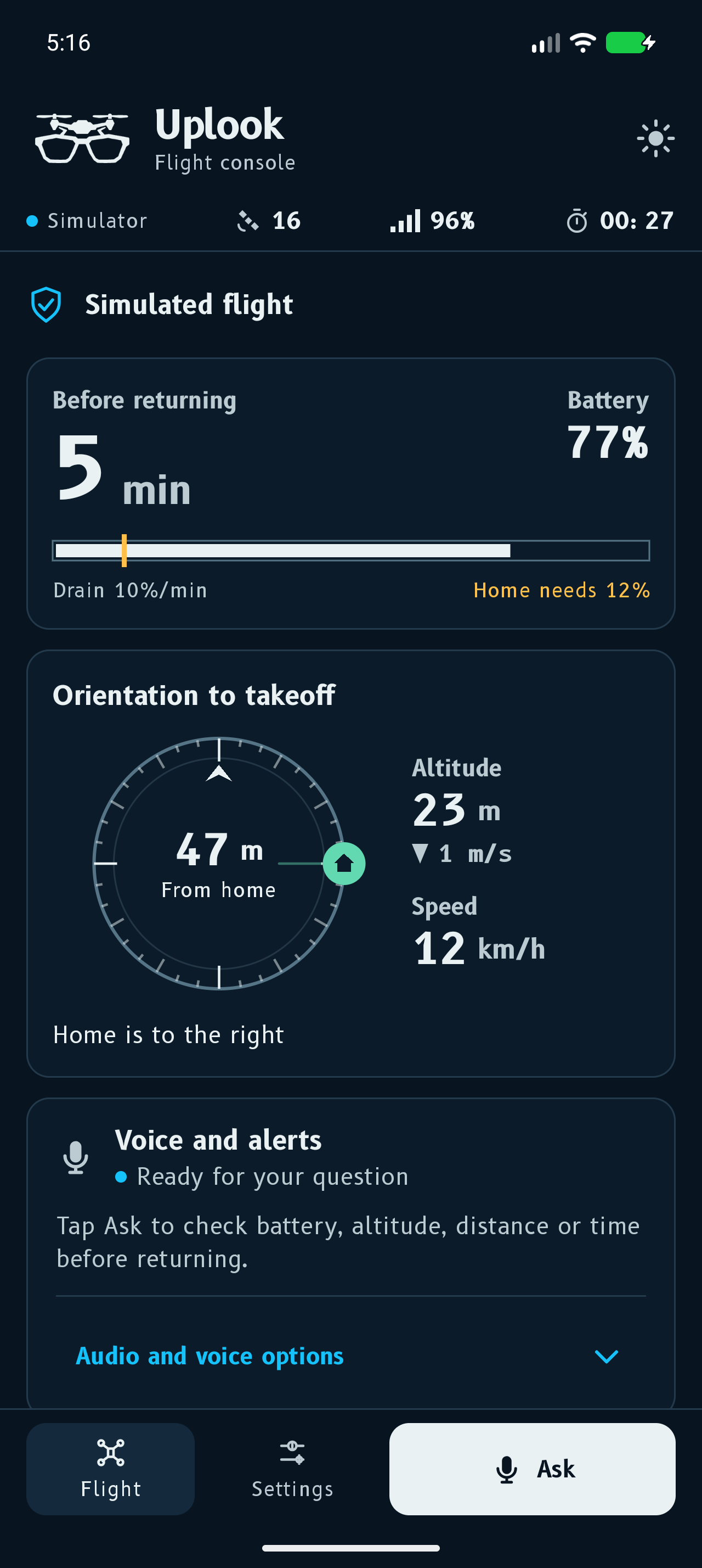 Actual Uplook Android screen with an alert and simulator data.