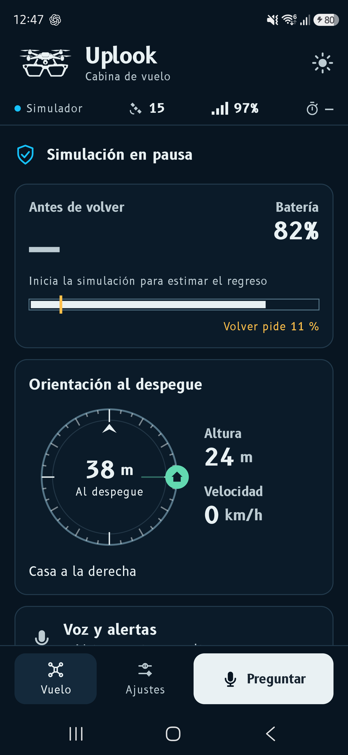 Actual Uplook Android screen with an alert and simulator data.