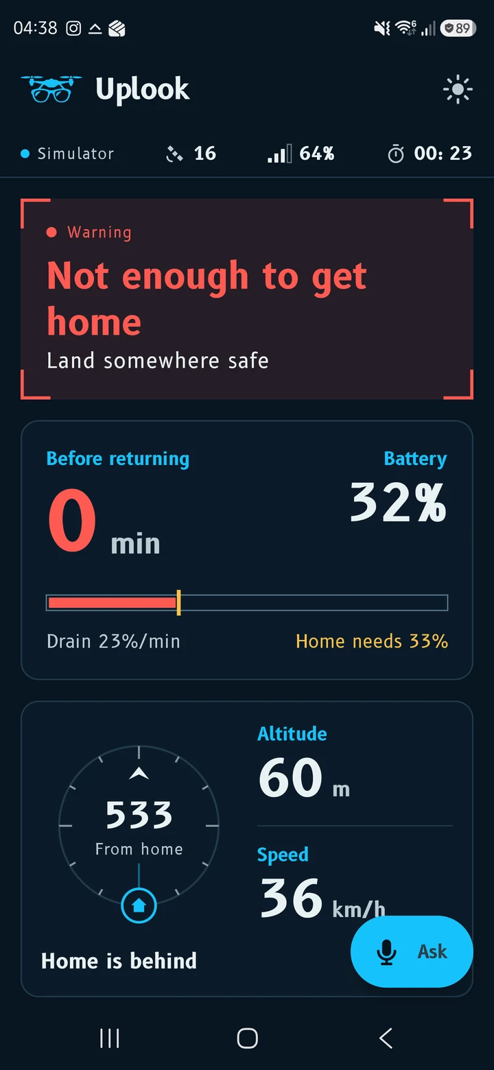 Actual Uplook Android screen with an alert and simulator data.