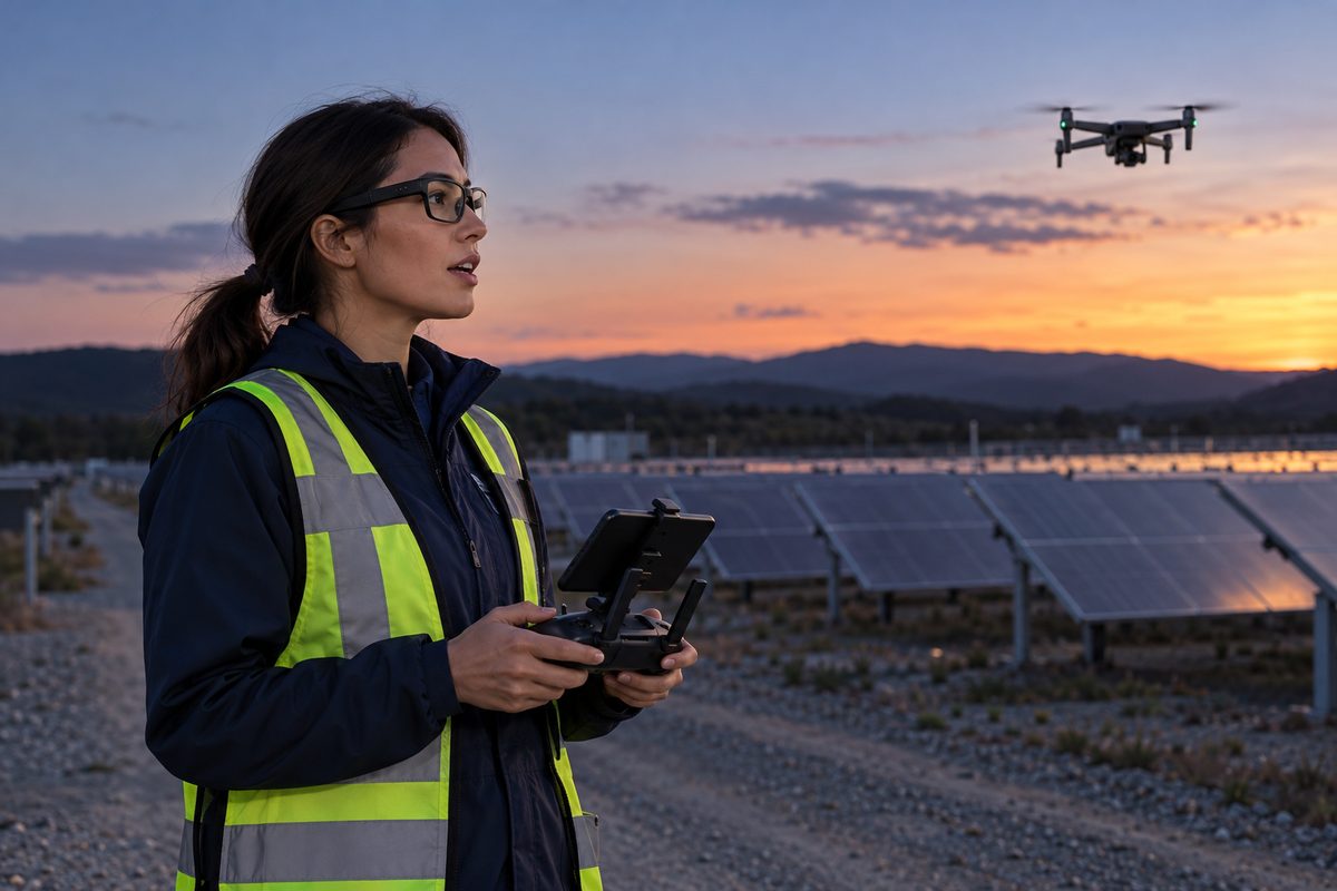 AI-generated illustrative scene: a pilot speaks while holding the controller and watching an inspection drone at a solar farm.